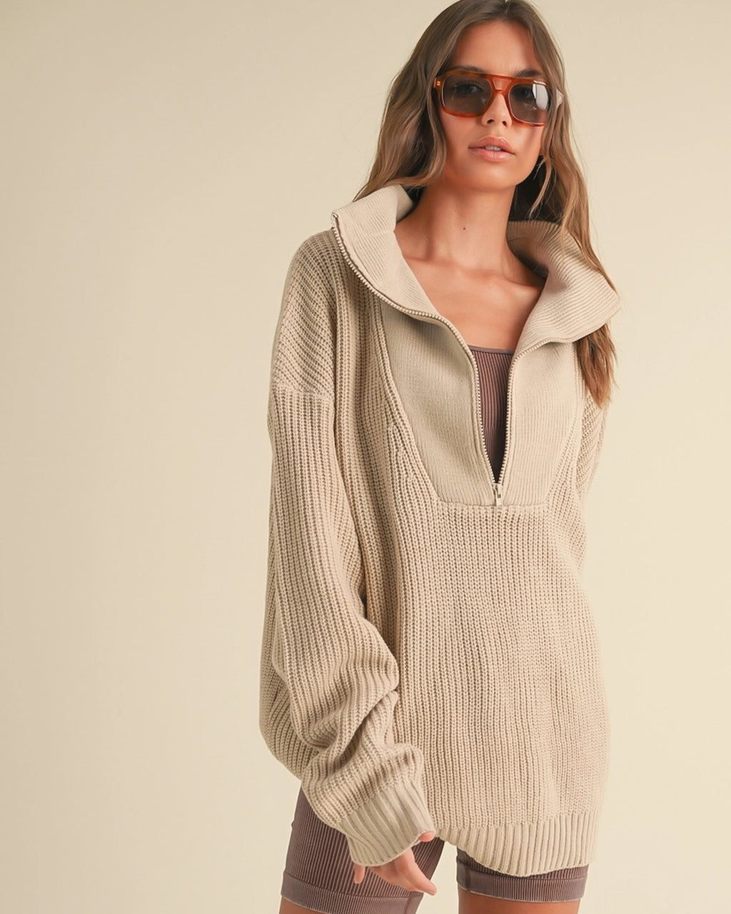 Slow Sundays Half Zip Sweater | Tan