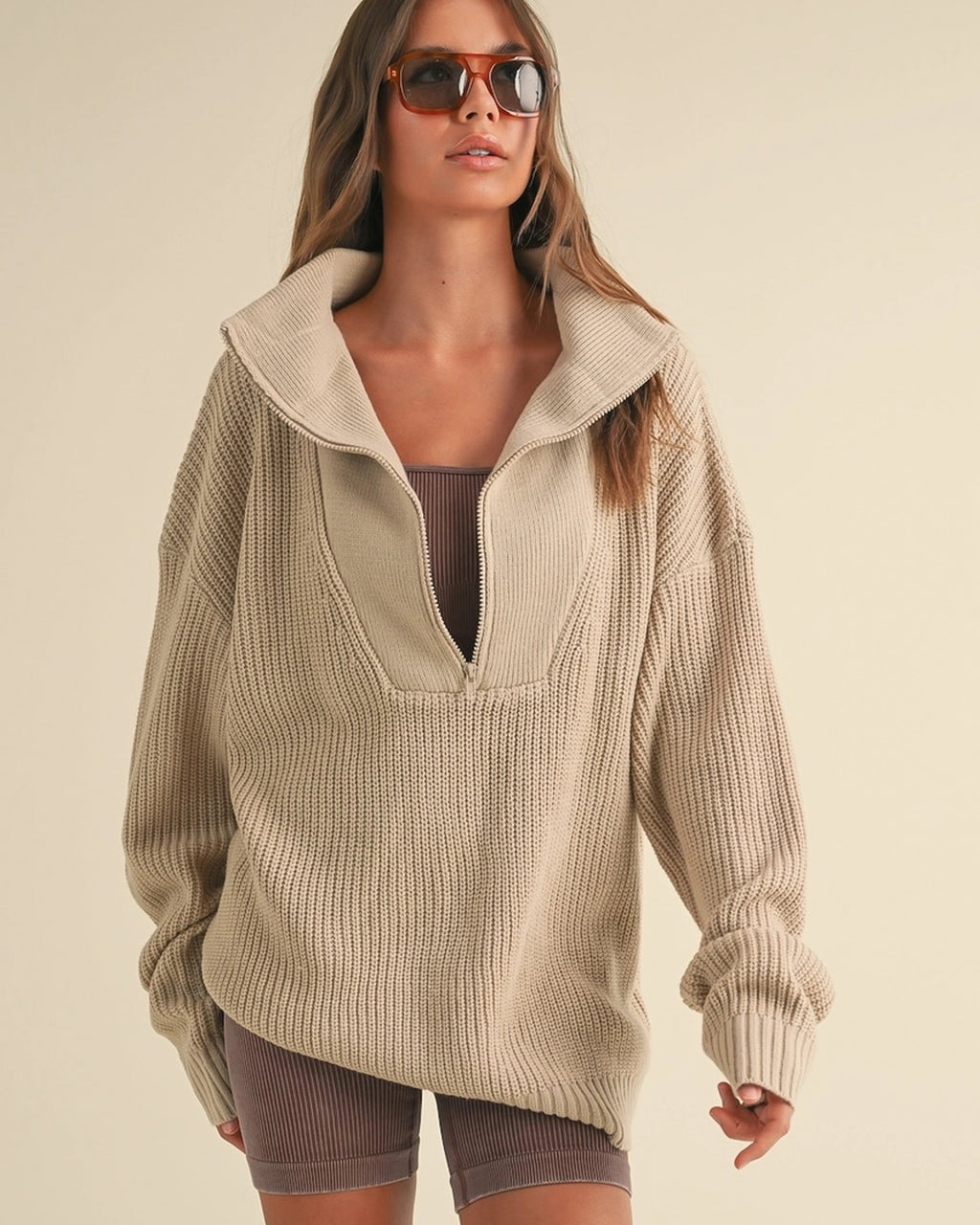 Slow Sundays Half Zip Sweater | Tan