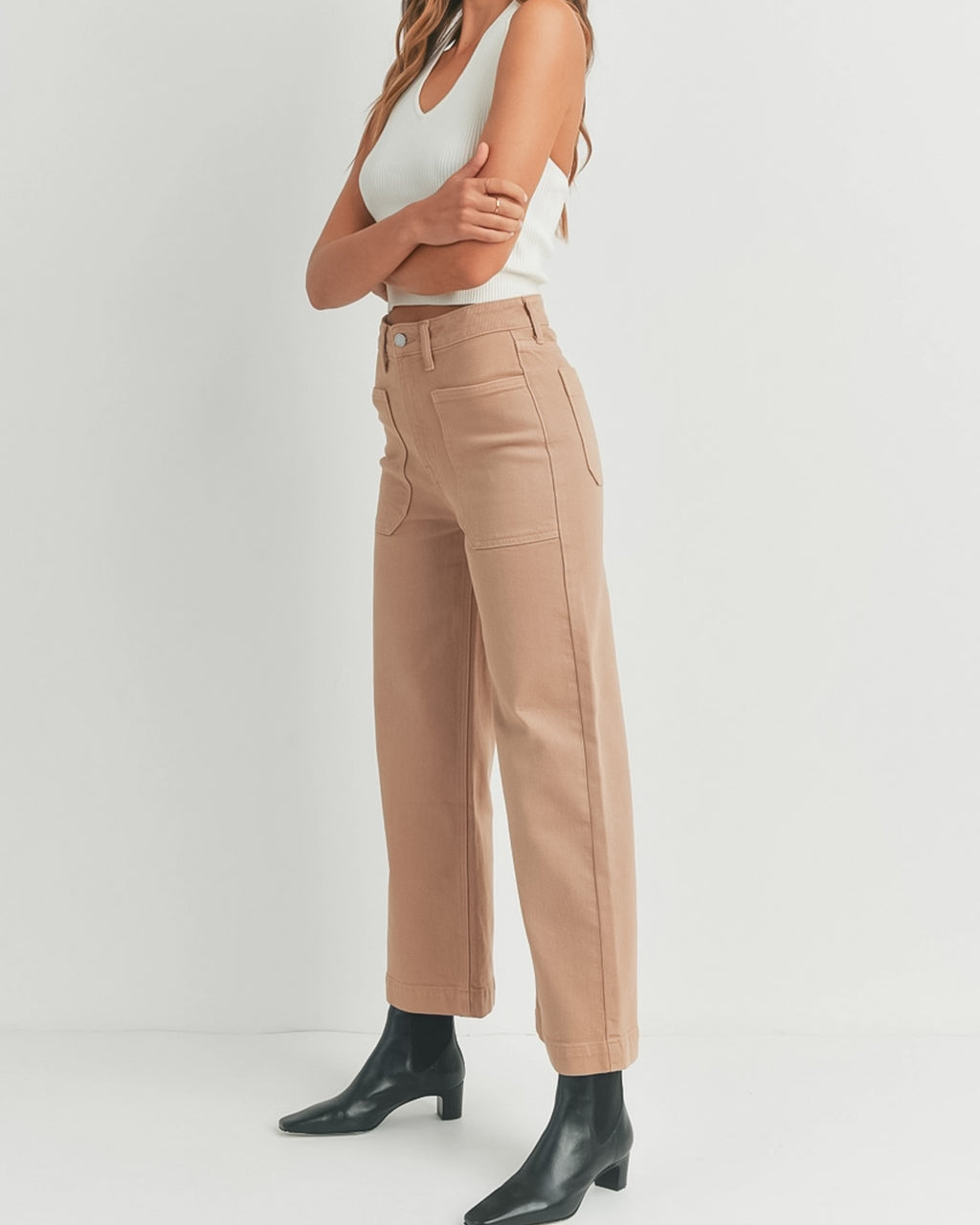 Patch Pocket Wide Leg Jeans | Latte