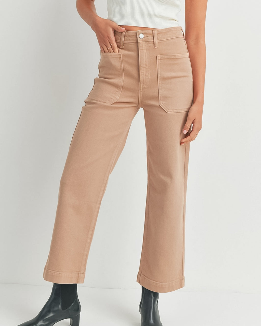 Patch Pocket Wide Leg Jeans | Latte